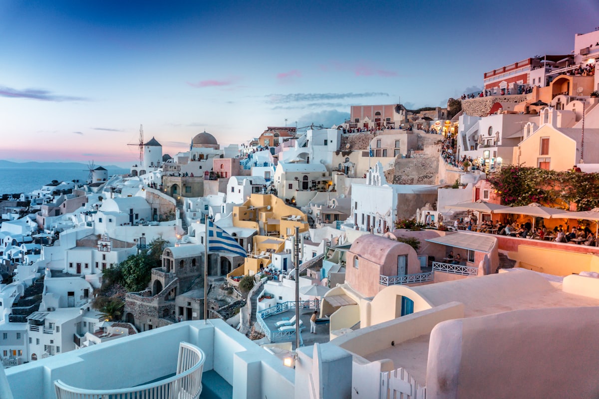 White and blue houses above the Santorini caldera